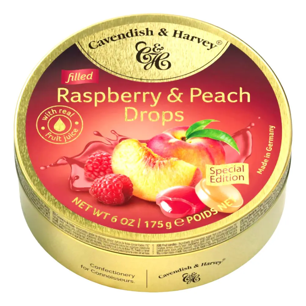 Fruity Raspberry Drops Cavendish & Harvey Raspberry & Peach Candy Drops in large Tin, 175g ...