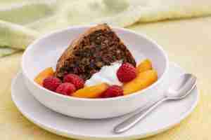 Chocolate Pumpernickel Pudding with Apricot-Raspberry Compote