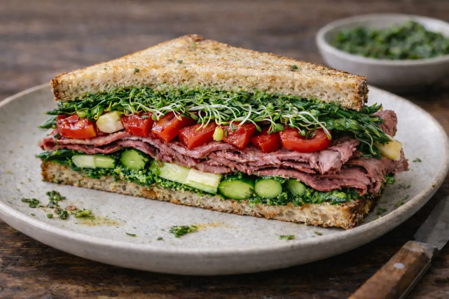 Roast Beef Sandwich with Asparagus and Wild Garlic Pesto - Germanfoods.org