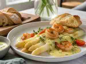 White Asparagus with Shrimp and Wild Garlic Hollandaise 