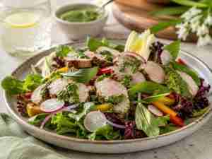 Spring Salad with Pork Tenderloin and Wild Garlic Pesto Dressing