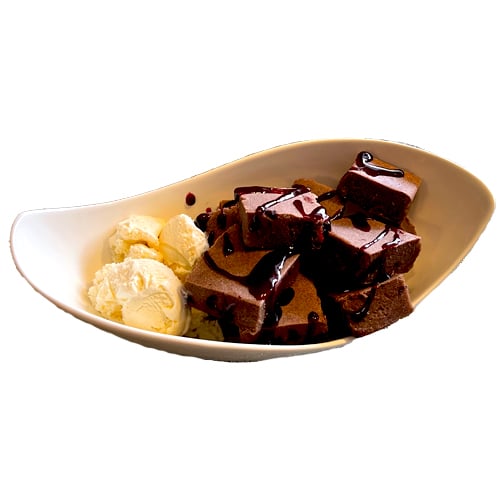 German Dark Chocolate Fudge Brownies with black Cherry Jam and Vanilla Ice Cream