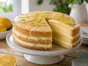German lemon cream cake with three lemon cake layers, lemon cream filling, glaze, and pistachio topping
