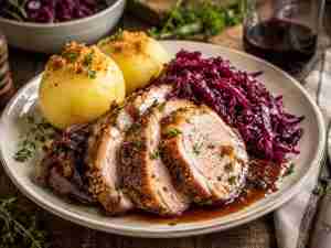 Roast Pork with potato dumplings and red cabbage