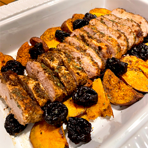 Roasted Pork with Prunes and Potato Pancakes