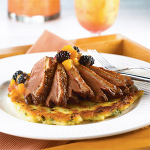 Apricot Duck over Potato Pancakes