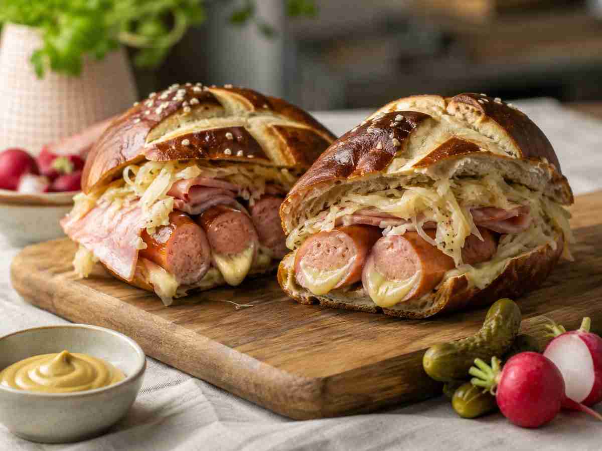 Austrian Käsekrainer with sauerkraut, ham, and cheese-filled sausage baked inside pretzel buns