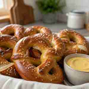 German soft pretzels with coarse sea salt and creamy honey mustard dipping sauce
