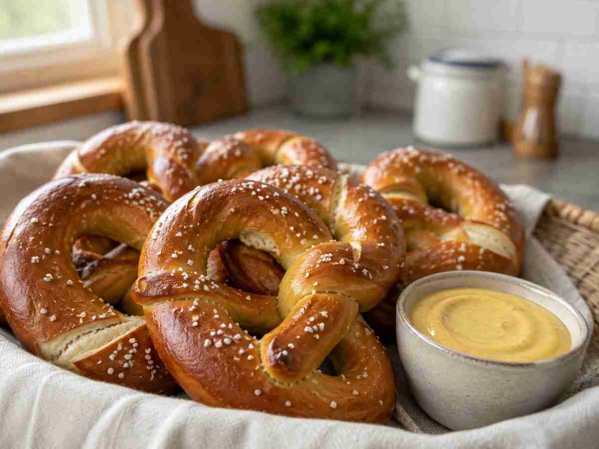 German soft pretzels with coarse sea salt and creamy honey mustard dipping sauce