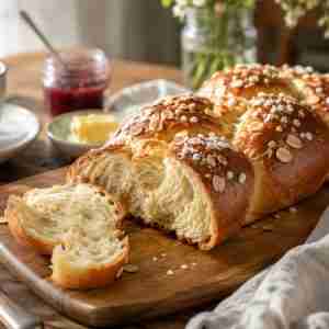 German Hefezopf braided yeast bread with sliced almonds and pearl sugar