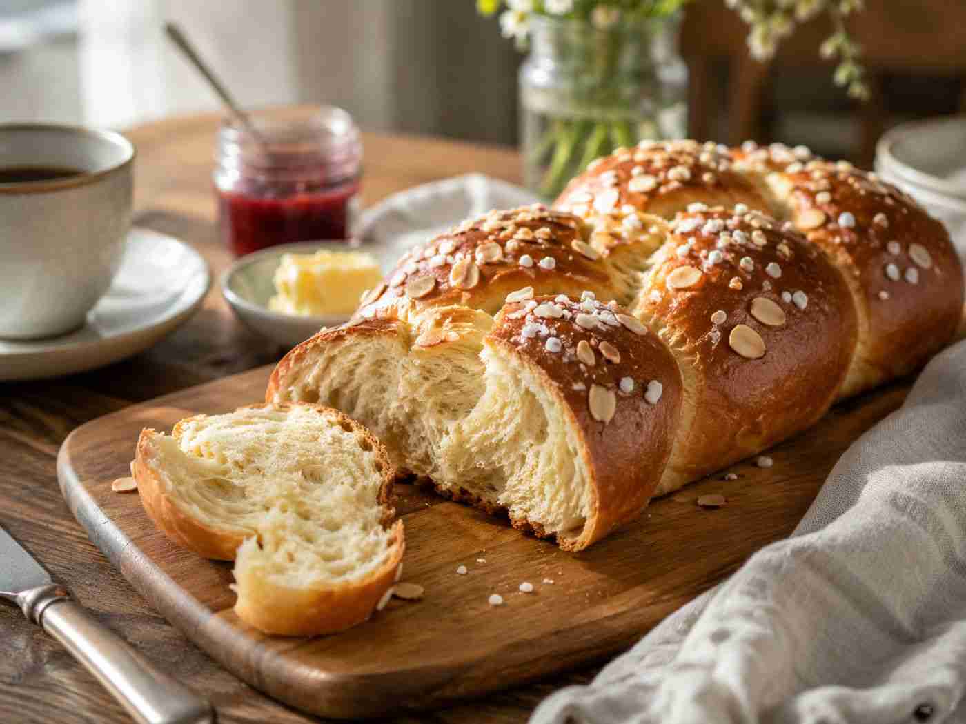German Hefezopf braided yeast bread with sliced almonds and pearl sugar
