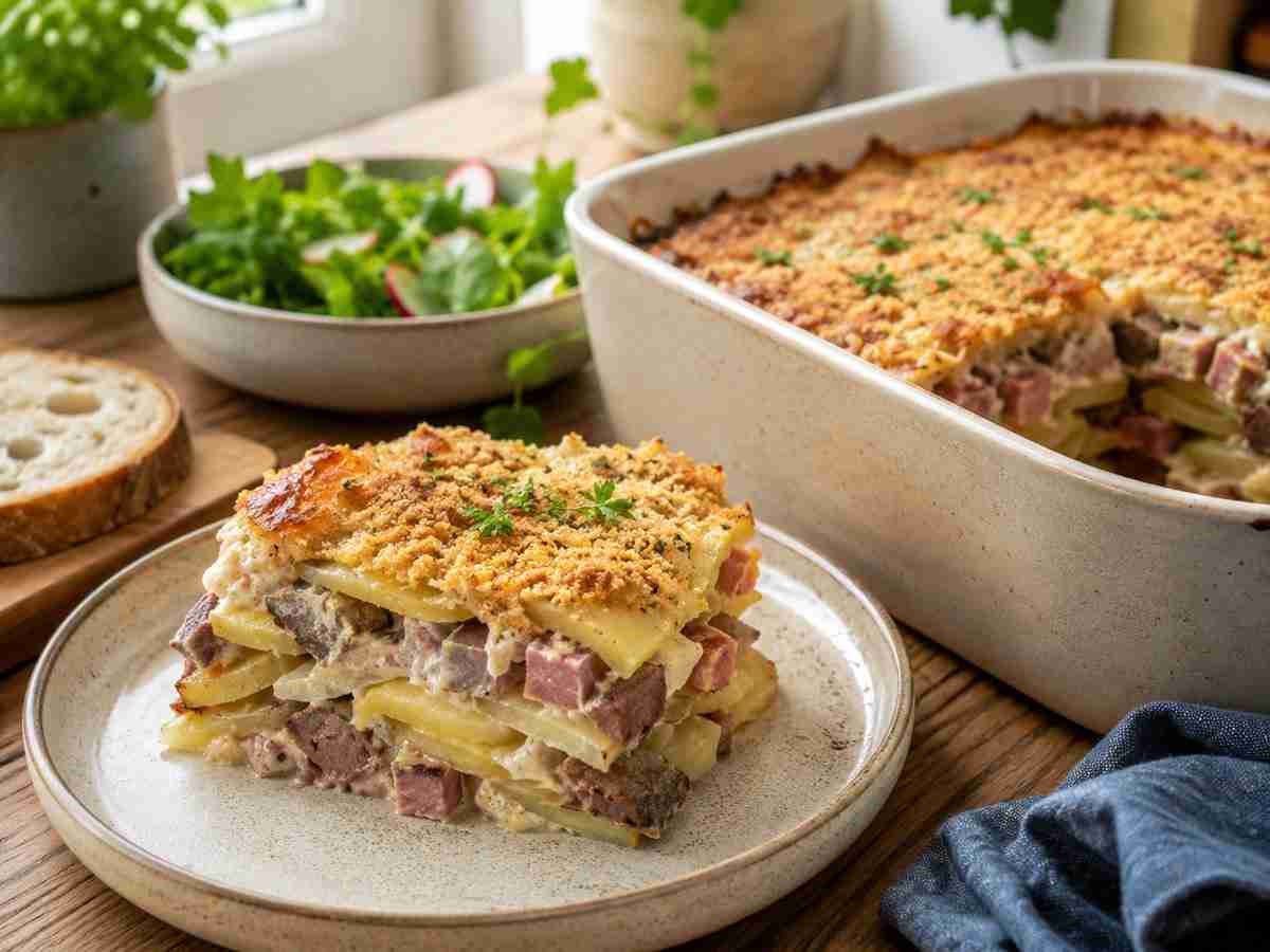 Schusterpfanne German herring and liver bake with sliced potatoes, ham, onions, sour cream, egg, and breadcrumbs