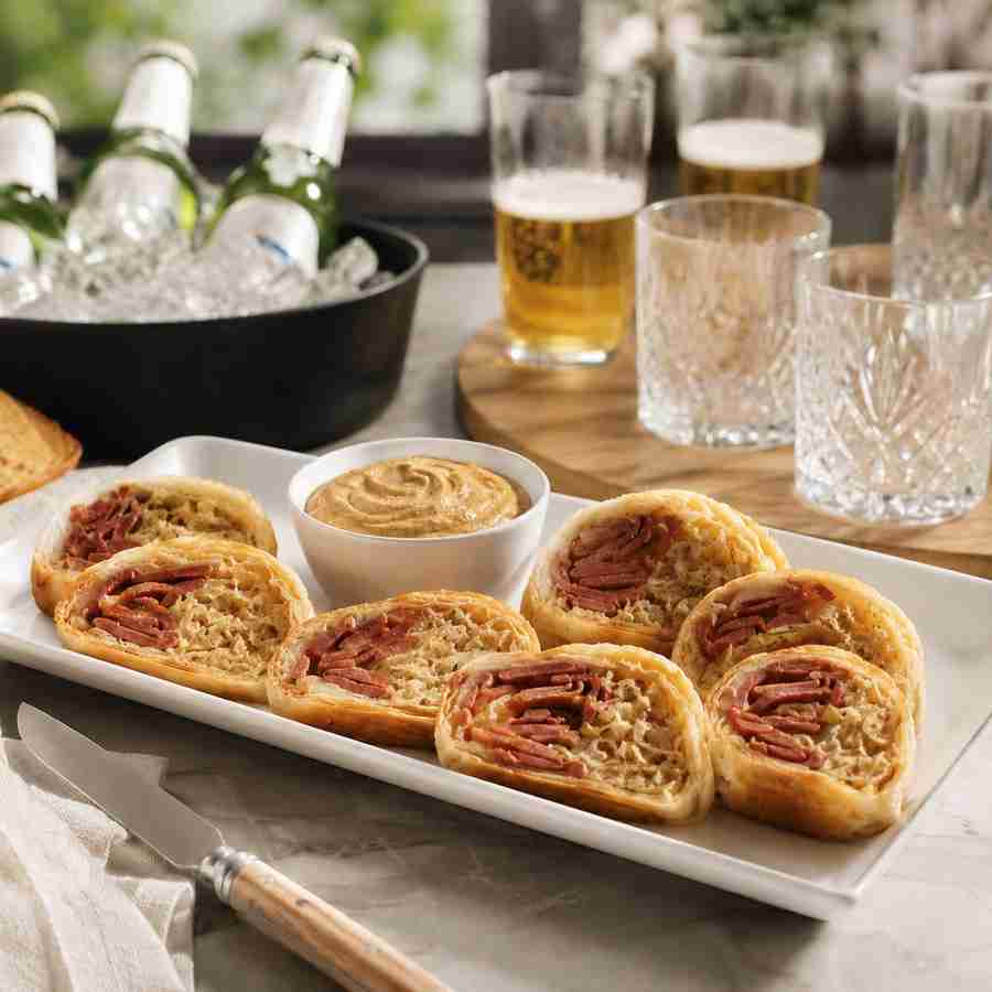 German sausage strudel with sauerkraut, apple, bratwurst, flaky phyllo dough, and creamy mustard sauce
