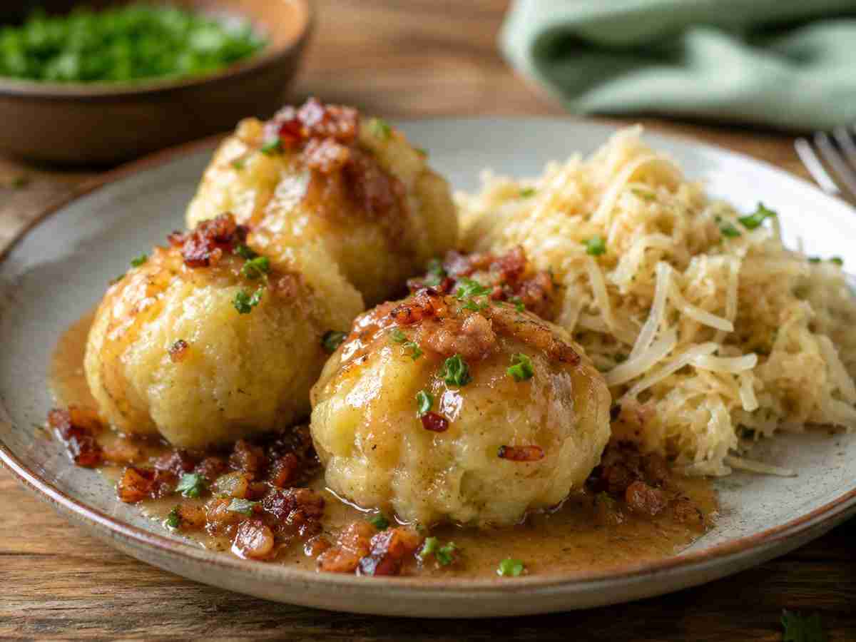 Hoorische Saarland-style potato dumplings served with bacon gravy, sauerkraut, and fresh herbs
