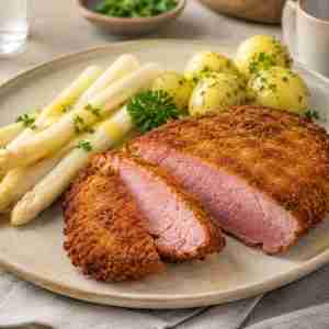 German breaded ham Klopfschinken nach Mecklenburger Art served with asparagus and potatoes