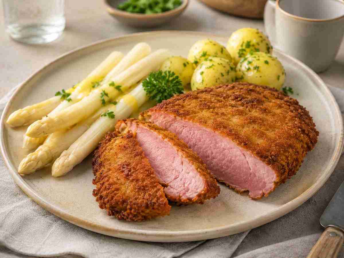 German breaded ham Klopfschinken nach Mecklenburger Art served with asparagus and potatoes