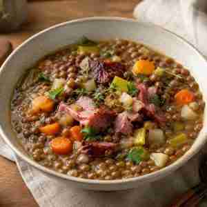 German lentil vegetable soup with smoked pork shanks, brown lentils, carrots, leek, celeriac, thyme, and parsley