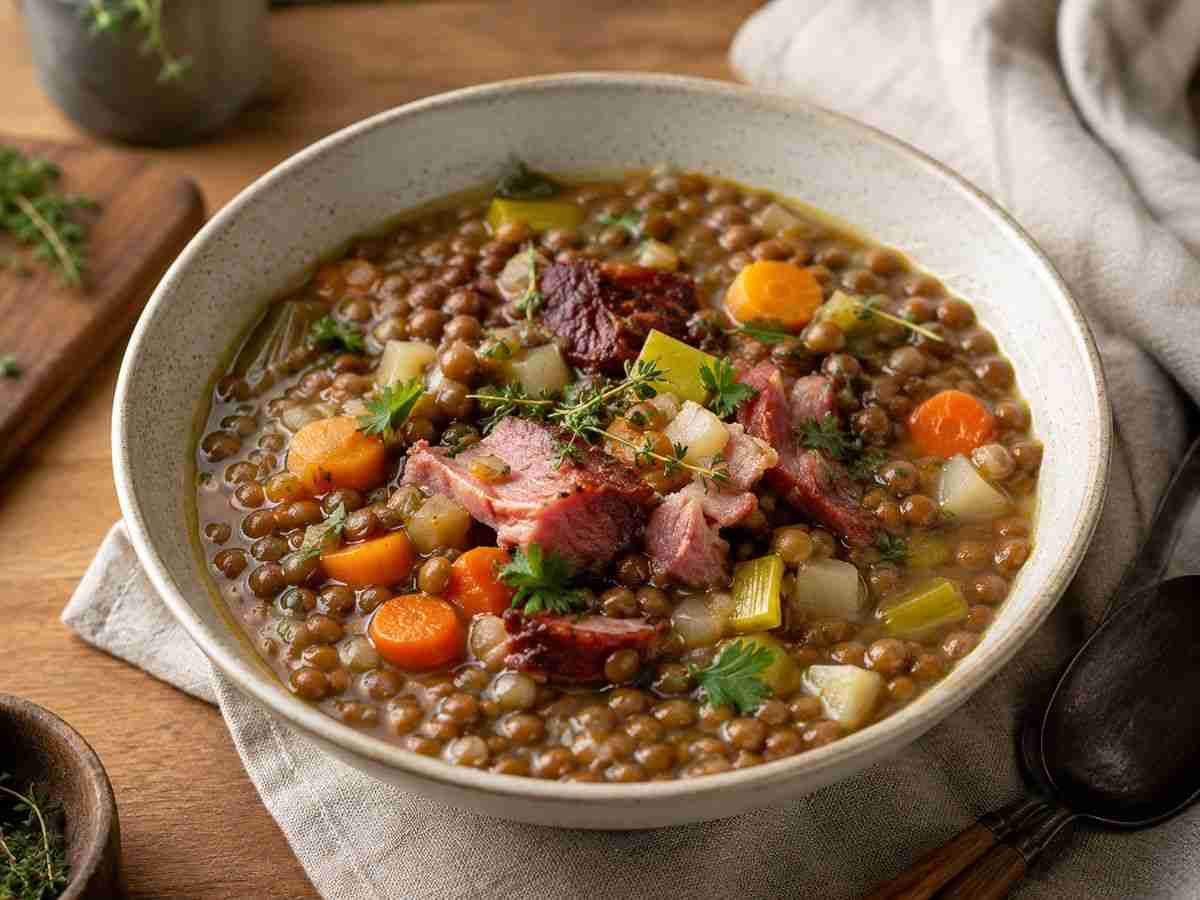 German lentil vegetable soup with smoked pork shanks, brown lentils, carrots, leek, celeriac, thyme, and parsley