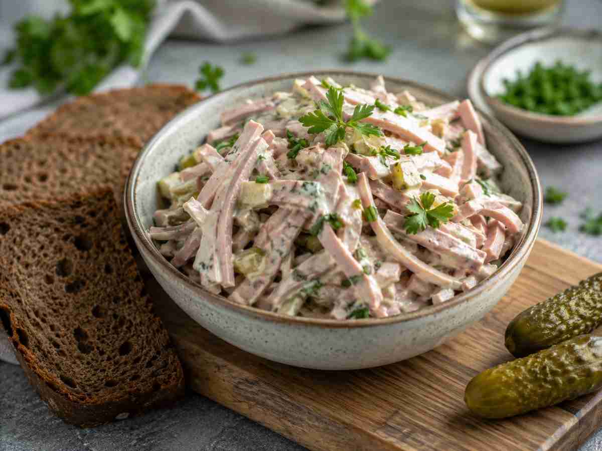 Lyoner Fleischsalat German meat salad with Lyoner sausage, gherkins, creamy dressing, herbs, and rye bread