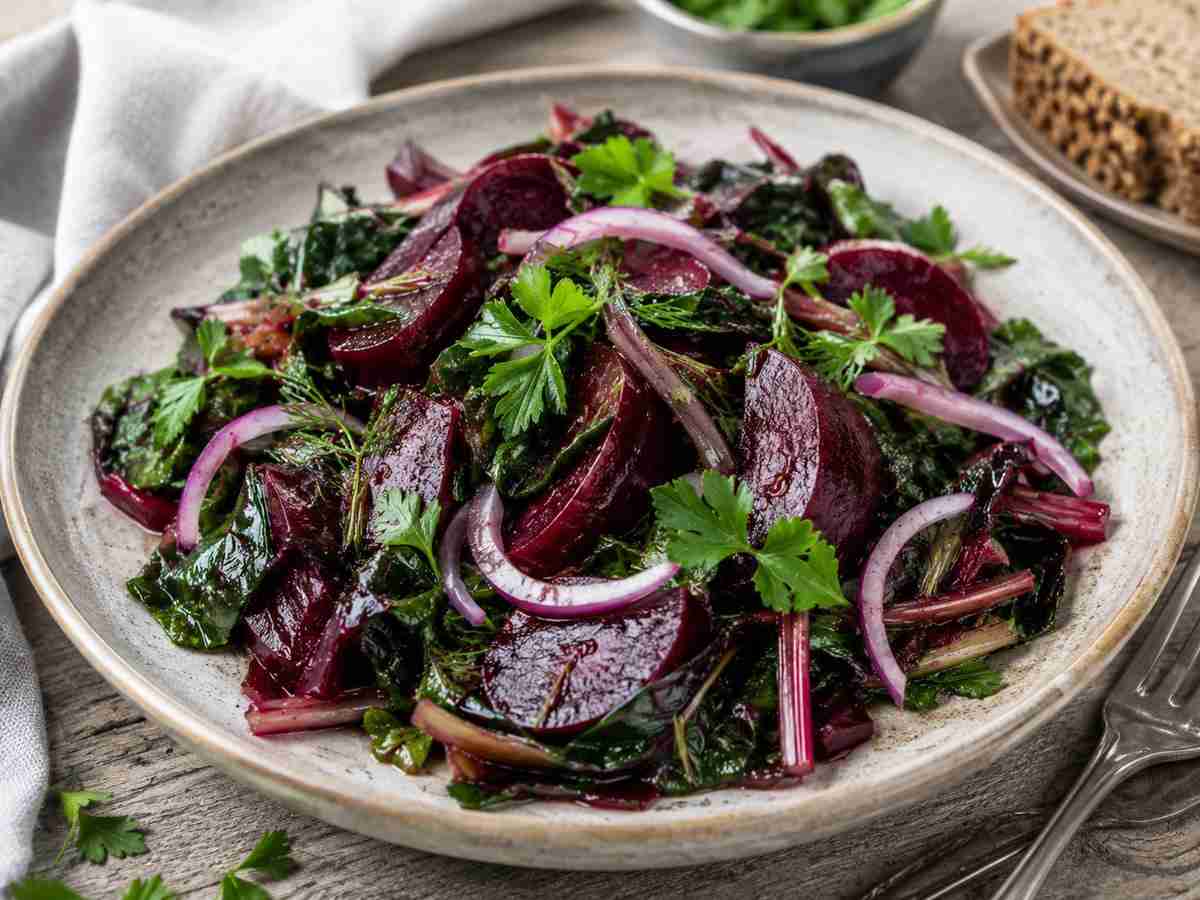 Mangoldsturzensalat German beet and greens salad with cooked beets, Swiss chard, onions, herbs, and vinegar dressing