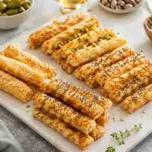 Savory German cheese pastry sticks with sesame, poppy seeds, caraway, and pistachios