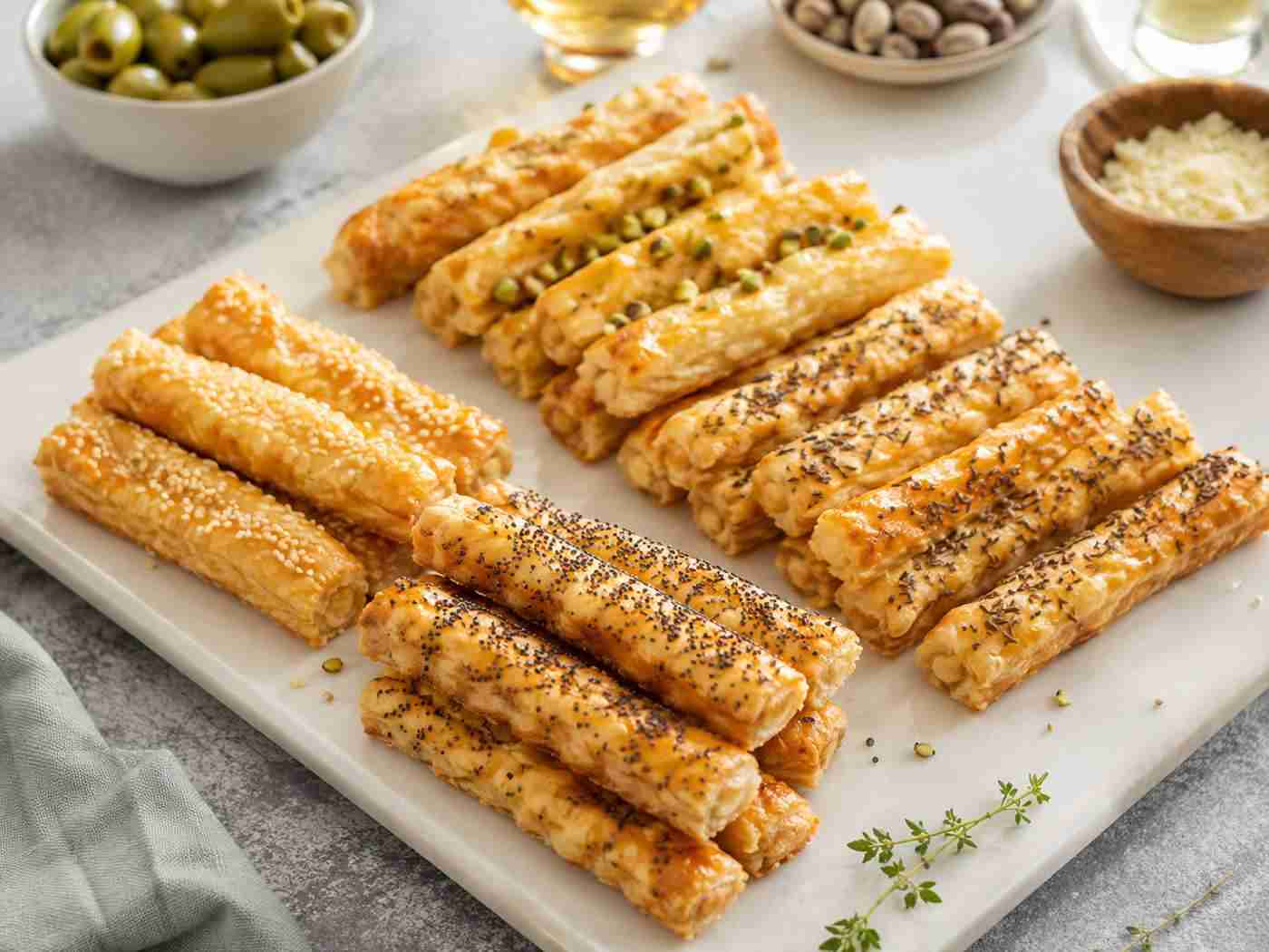 Savory German cheese pastry sticks with sesame, poppy seeds, caraway, and pistachios