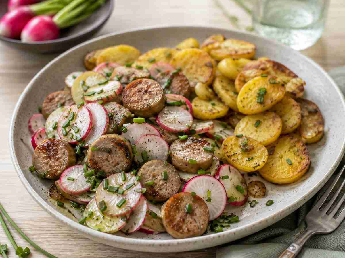 Nürnberger bratwurst salad with sliced sausages, radishes, chives, vinaigrette, and fried potatoes