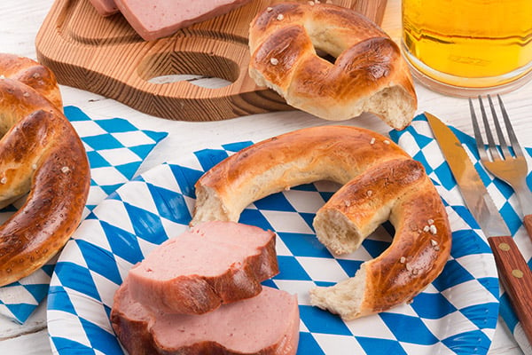 Oktoberfest pretzels and Leberwurst on Themed plate