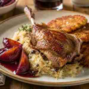 Pan-seared goose with brandied plums, Riesling-braised sauerkraut, juniper berries, and crispy potato pancakes