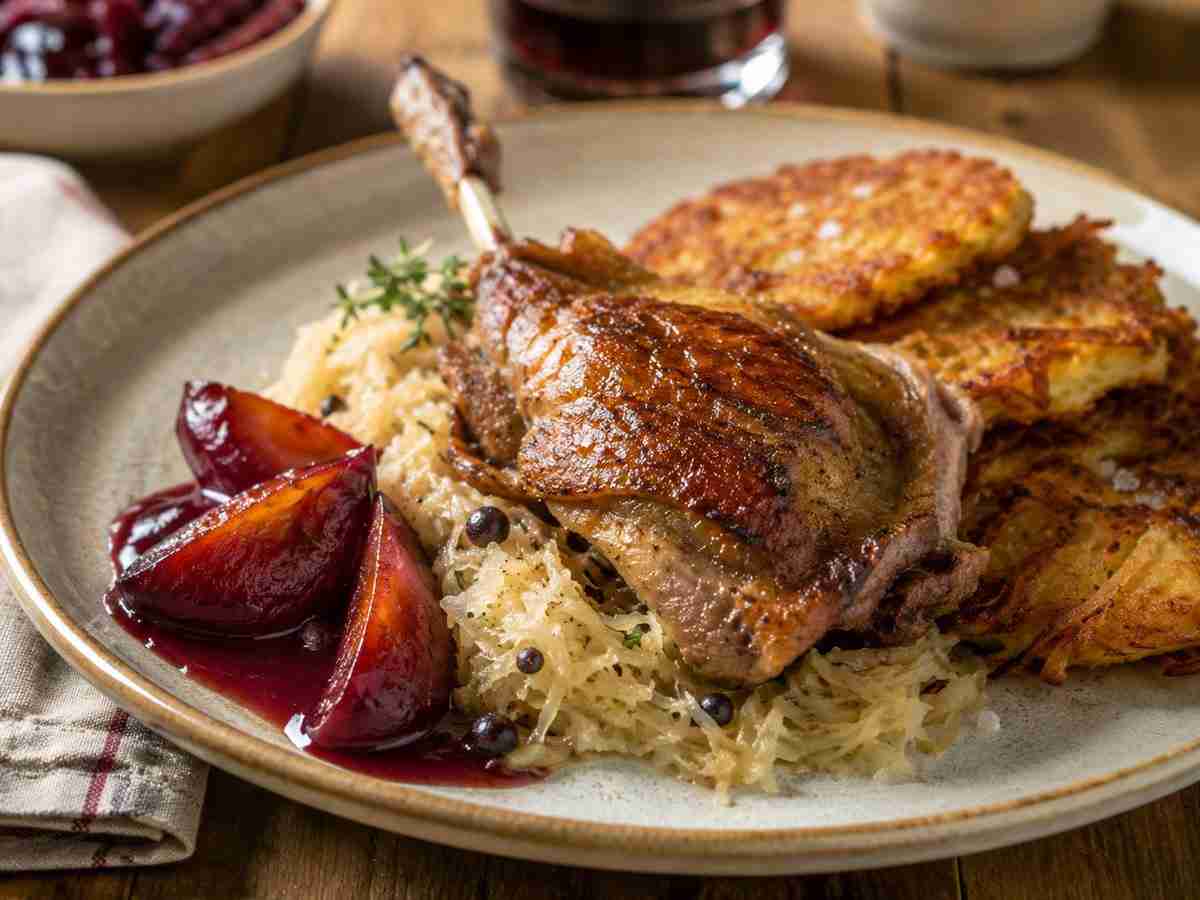 Pan-seared goose with brandied plums, Riesling-braised sauerkraut, juniper berries, and crispy potato pancakes