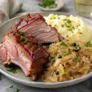 Rippchen mit Kraut German smoked pork with wine-braised sauerkraut and creamy mashed potatoes