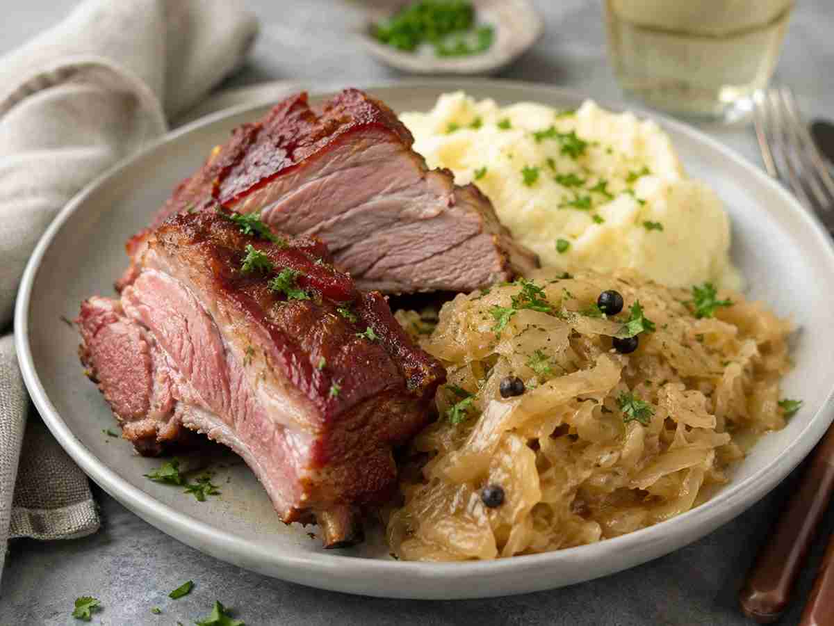 Rippchen mit Kraut German smoked pork with wine-braised sauerkraut and creamy mashed potatoes