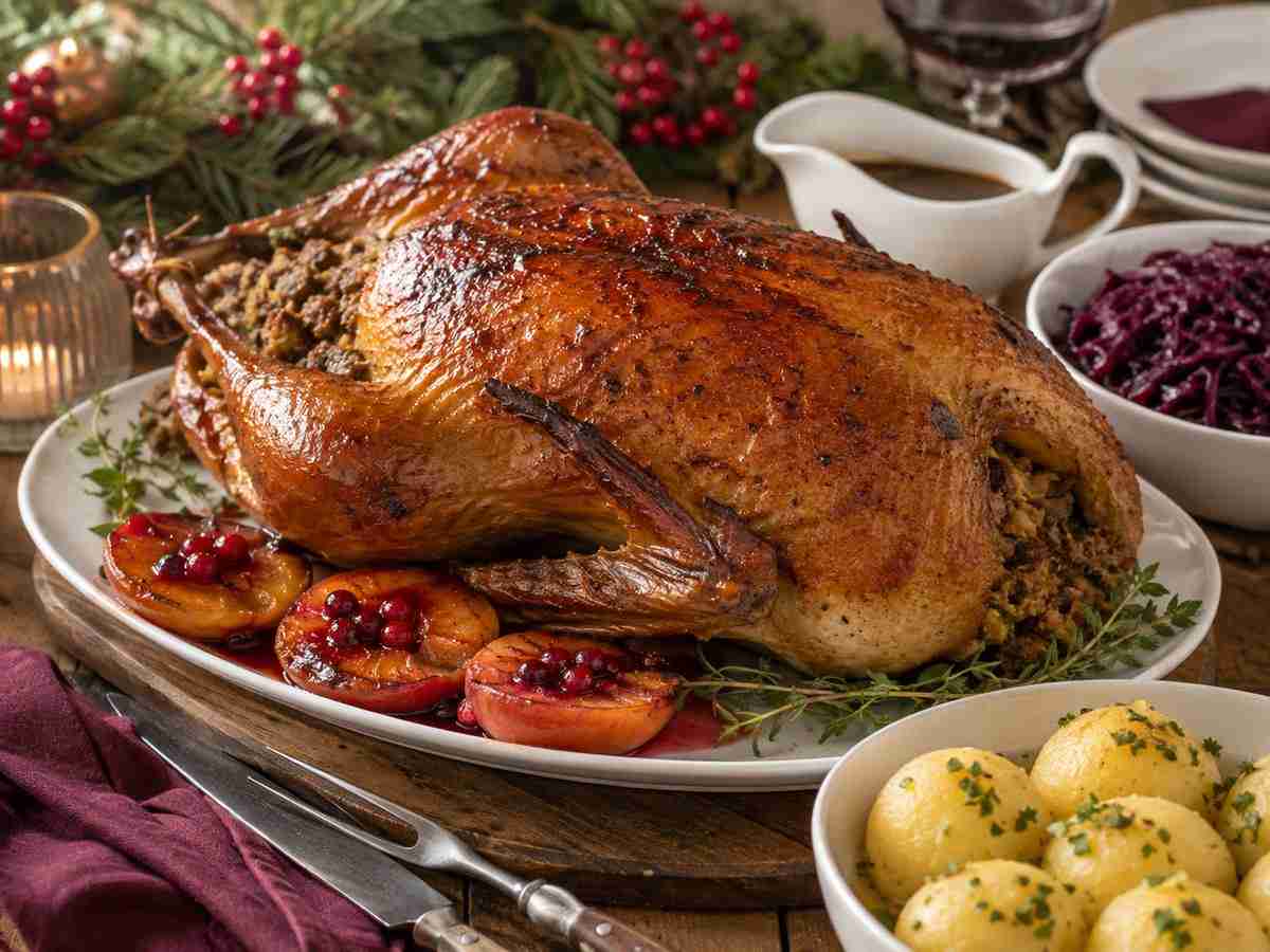 German roast goose with liver pâté stuffing, red currant glazed peaches, potato dumplings, and red cabbage