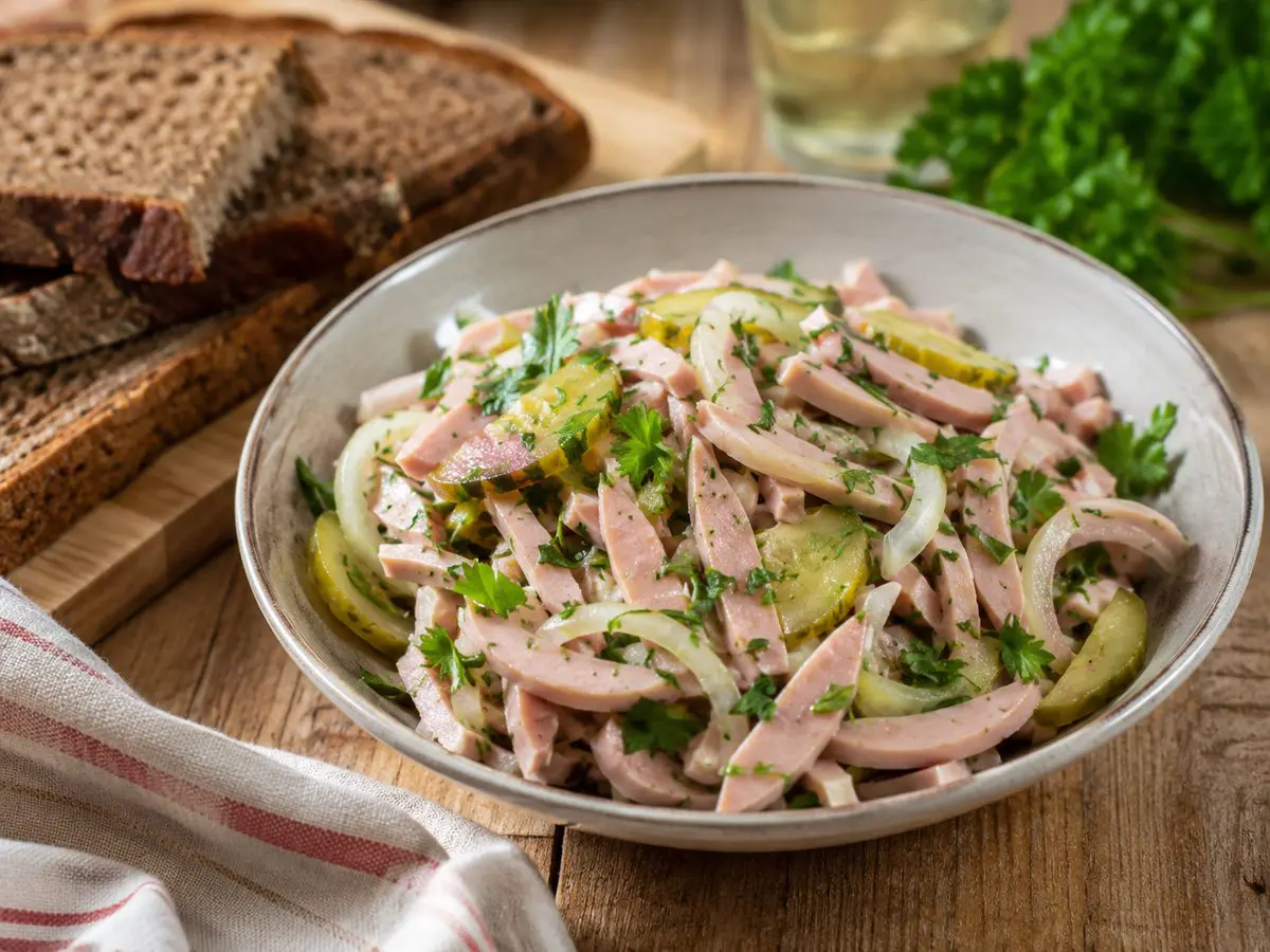 Saure Lyoner Saarland-style Lyoner sausage salad with vinegar dressing, onions, pickles, herbs, and rye bread