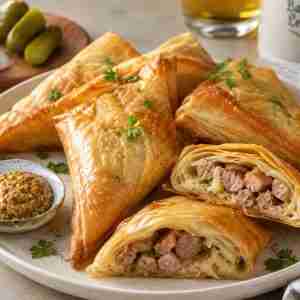 German sausage and sauerkraut phyllo turnovers with bratwurst, Bavarian smoked cheese, and mustard dip