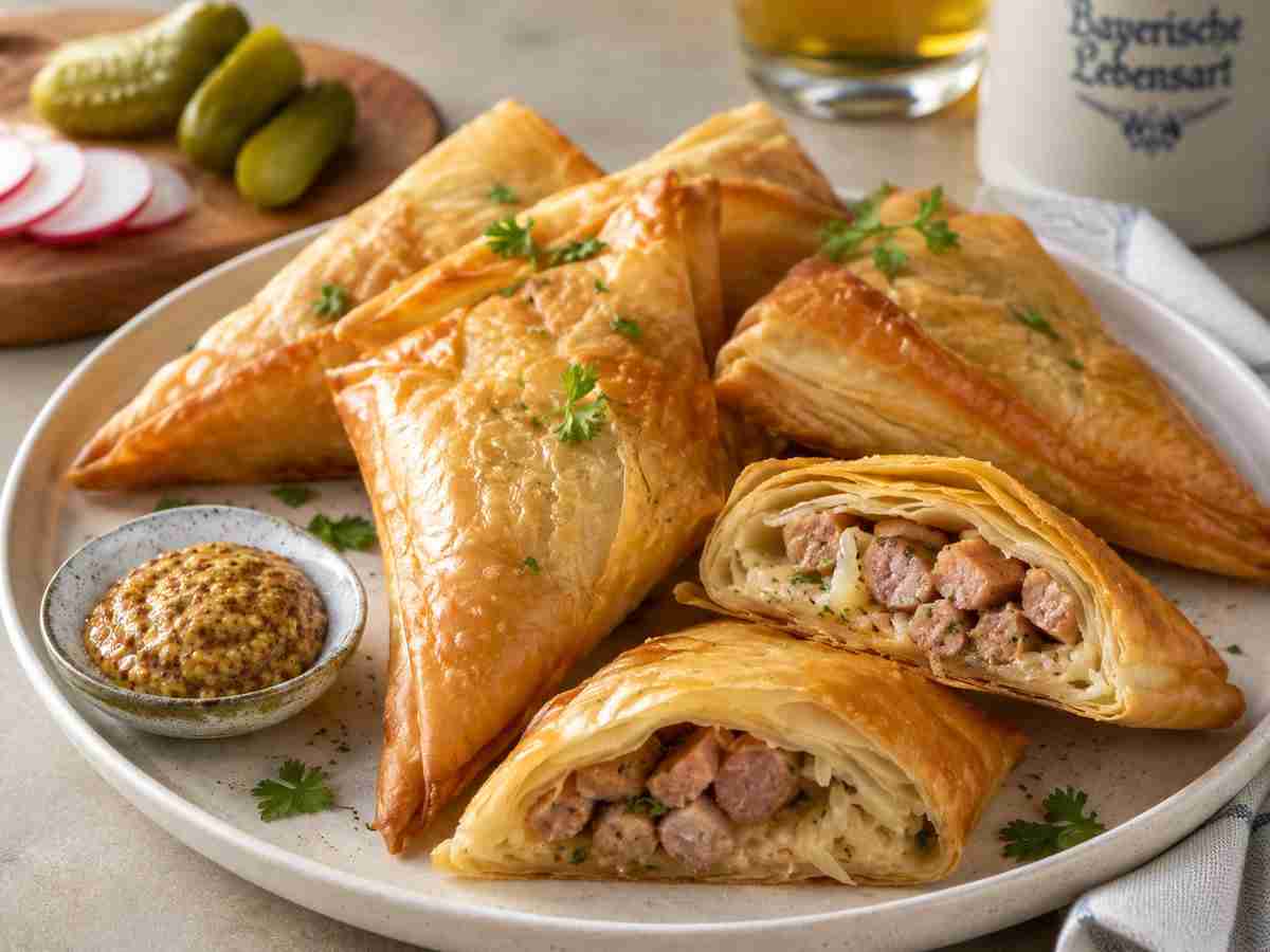 German sausage and sauerkraut phyllo turnovers with bratwurst, Bavarian smoked cheese, and mustard dip