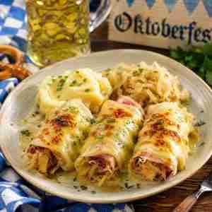 Savory German sauerkraut and ham rolls with bacon, pork, Emmentaler cheese, mustard, and sour cream