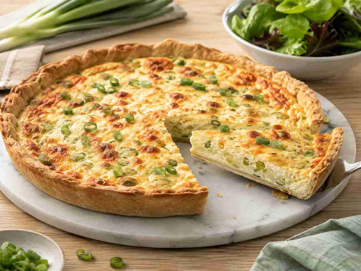 Sbrinz Cheese Tart with quark, green onions, nutmeg, and golden homemade crust served in a modern kitchen setting