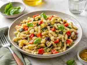 German spaetzle salad with zucchini, red bell pepper, eggplant, basil, and light vinaigrette