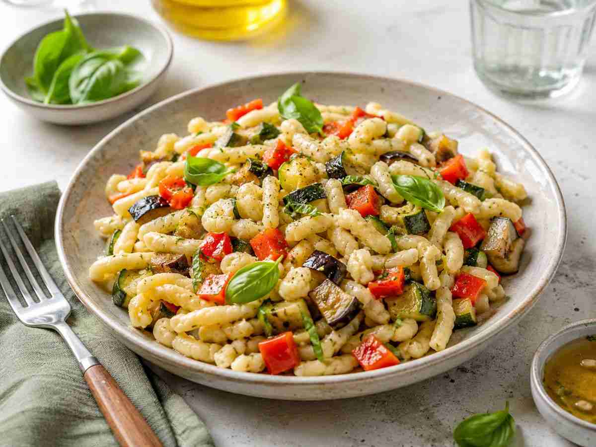 German spaetzle salad with zucchini, red bell pepper, eggplant, basil, and light vinaigrette