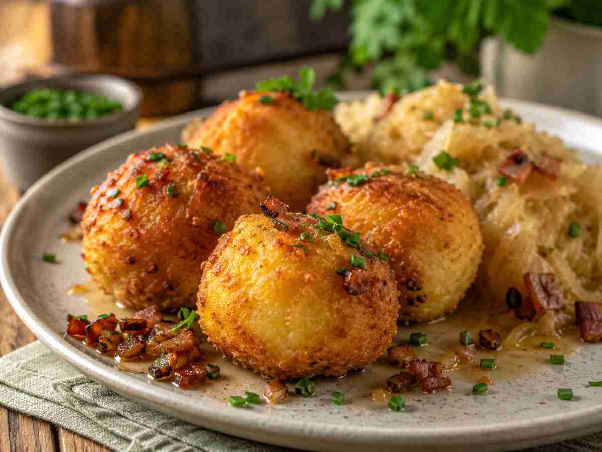 Stupperte Saarland-style deep-fried potato dumplings served with sauerkraut, bacon gravy, and fresh herbs