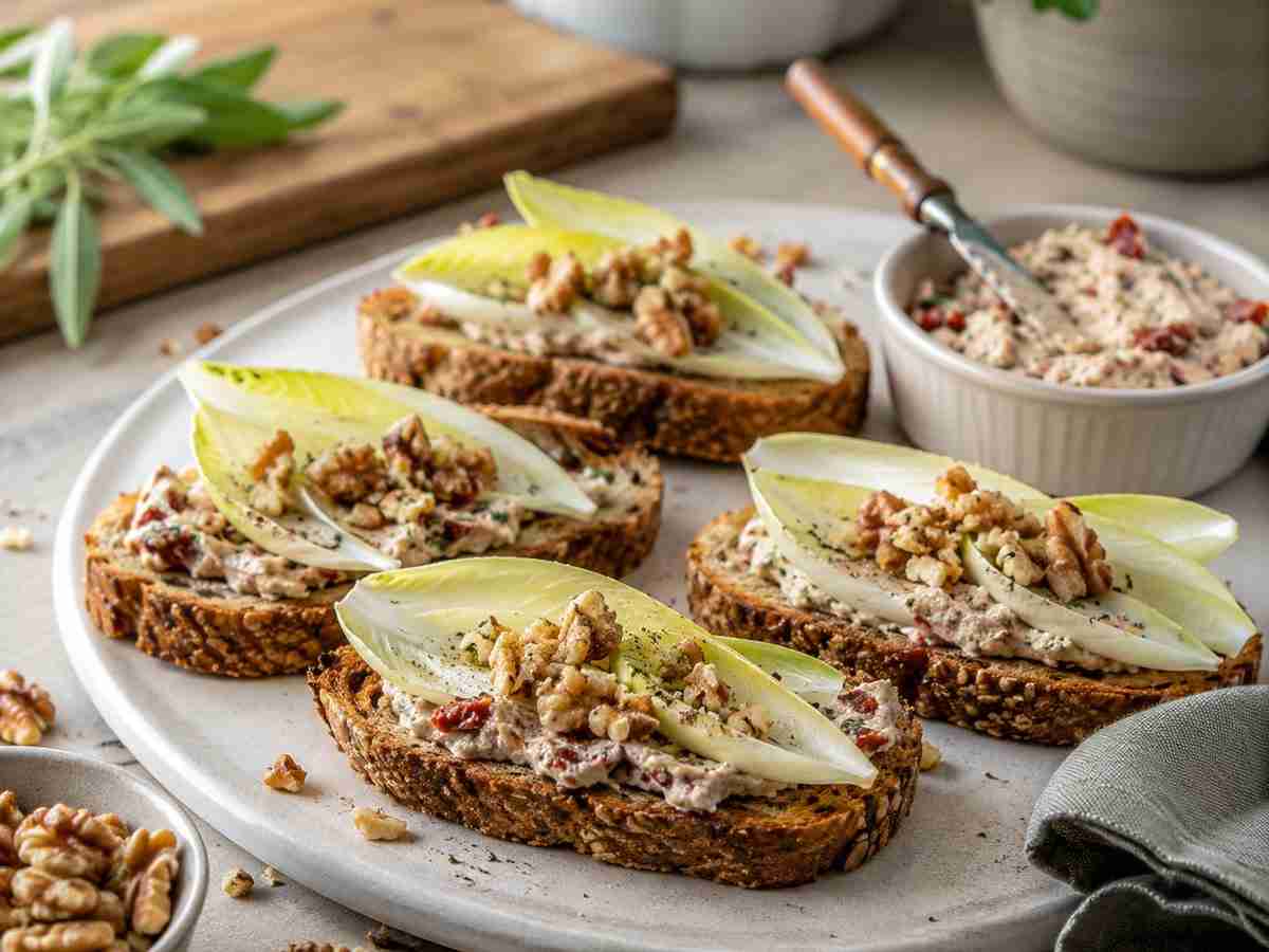 Sun-dried tomato endive appetizer with mushroom cream cheese, walnuts, sage, and toasted Mestemacher mixed cereal bread